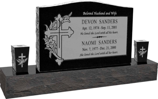 36 inch x 6 inch x 24 inch Serp Top Upright Headstone polished front and back with 60 inch Base and two square tapered Vases in Imperial Black with design SD-330 Sanded Panel