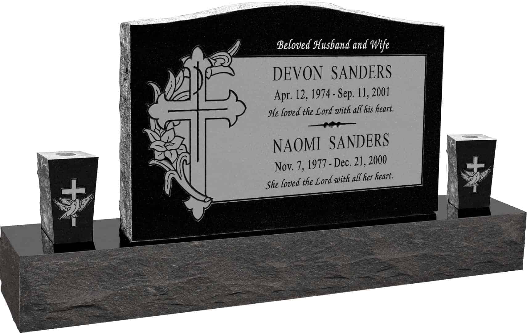 36inch_x_6inch_x_24inch_Serp_Top_Upright_Headstone_polished_front_and_back_with_60inch_Base_and_two_square_tapered_Vases_in_Imperial_Black_with_design_SD-330_Sanded_Panel 36 inch x 6 inch x 24 inch Serp Top Upright Headstone polished front and back with 60 inch Base and two square tapered Vases in Imperial Black with design SD-330 Sanded Panel