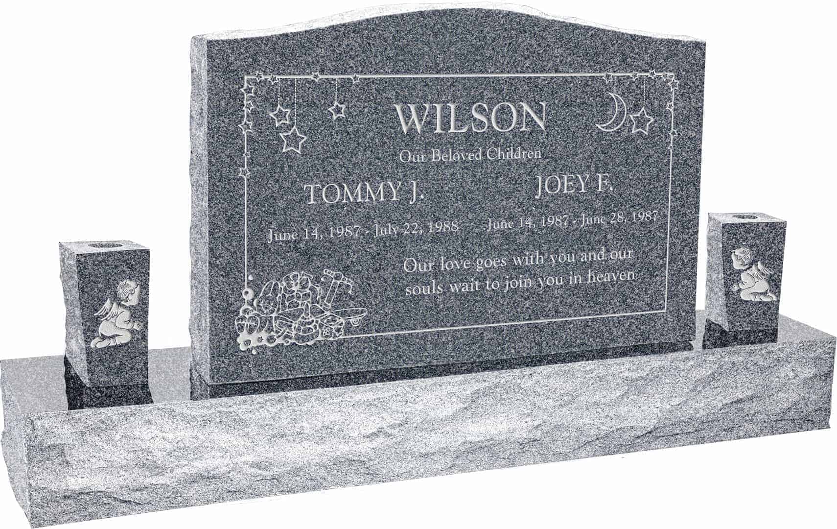 36inch_x_6inch_x_24inch_Serp_Top_Upright_Headstone_polished_front_and_back_with_60inch_Base_and_two_square_tapered_Vases_in_Imperial_Grey_with_design_AS-009 36 inch x 6 inch x 24 inch Serp Top Upright Headstone polished front and back with 60 inch Base and two square tapered Vases in Imperial Grey with design AS-009