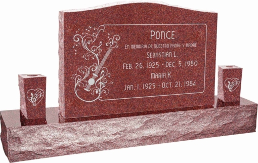 36 inch x 6 inch x 24 inch Serp Top Upright Headstone polished front and back with 60 inch Base and two square tapered Vases in Imperial Red with design AS-011