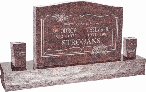 36 inch x 6 inch x 24 inch Serp Top Upright Headstone polished front and back with 60 inch Base and two square tapered Vases in Mahogany with design B-013