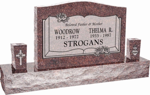 36 inch x 6 inch x 24 inch Serp Top Upright Headstone polished front and back with 60 inch Base and two square tapered Vases in Mahogany with design B-013 Sanded Panel