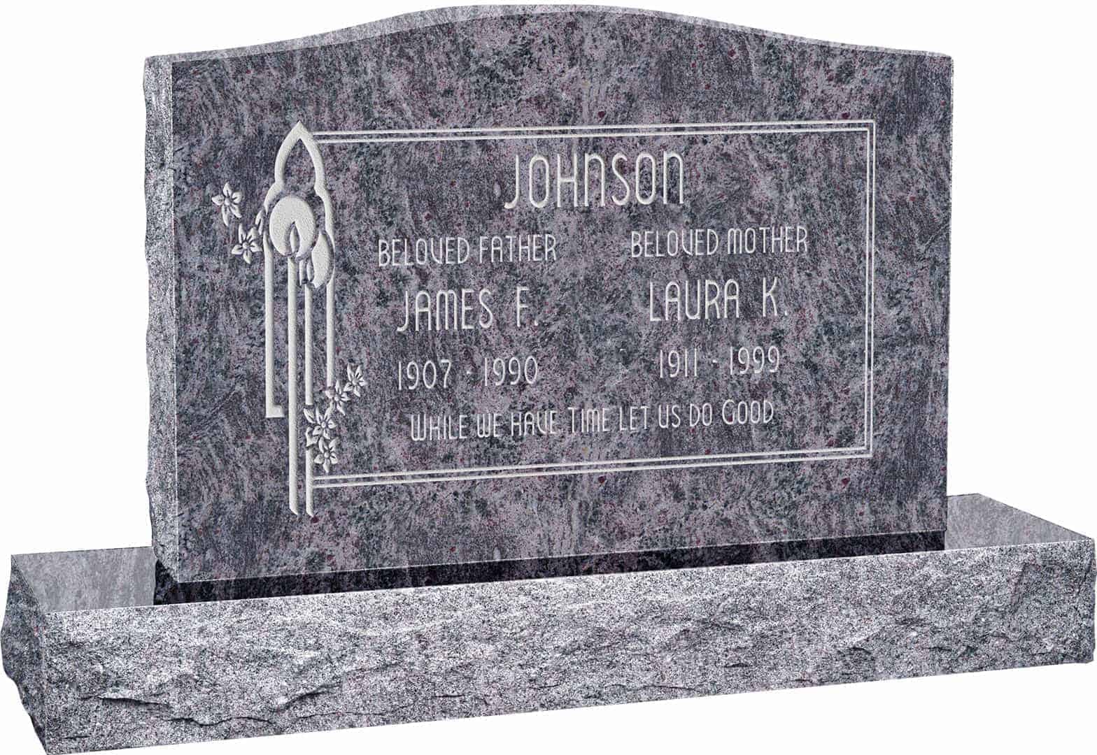 36inch_x_6inch_x_24inch_Serp_Top_Upright_Headstone_polished_top_front_and_back_with_48inch_Base_in_Bahama_Blue_with_design_V-88 36 inch x 6 inch x 24 inch Serp Top Upright Headstone polished top front and back with 48 inch Base in Bahama Blue with design V-88