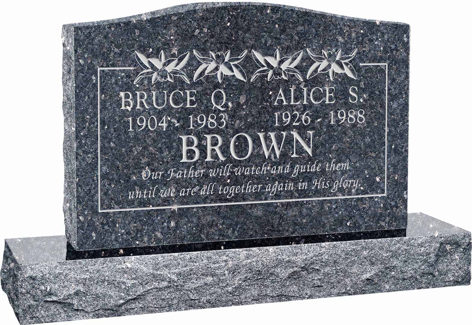 36inch_x_6inch_x_24inch_Serp_Top_Upright_Headstone_polished_top_front_and_back_with_48inch_Base_in_Blue_Pearl_with_design_T-13 36 inch x 6 inch x 24 inch Serp Top Upright Headstone polished top front and back with 48 inch Base in Blue Pearl with design T-13