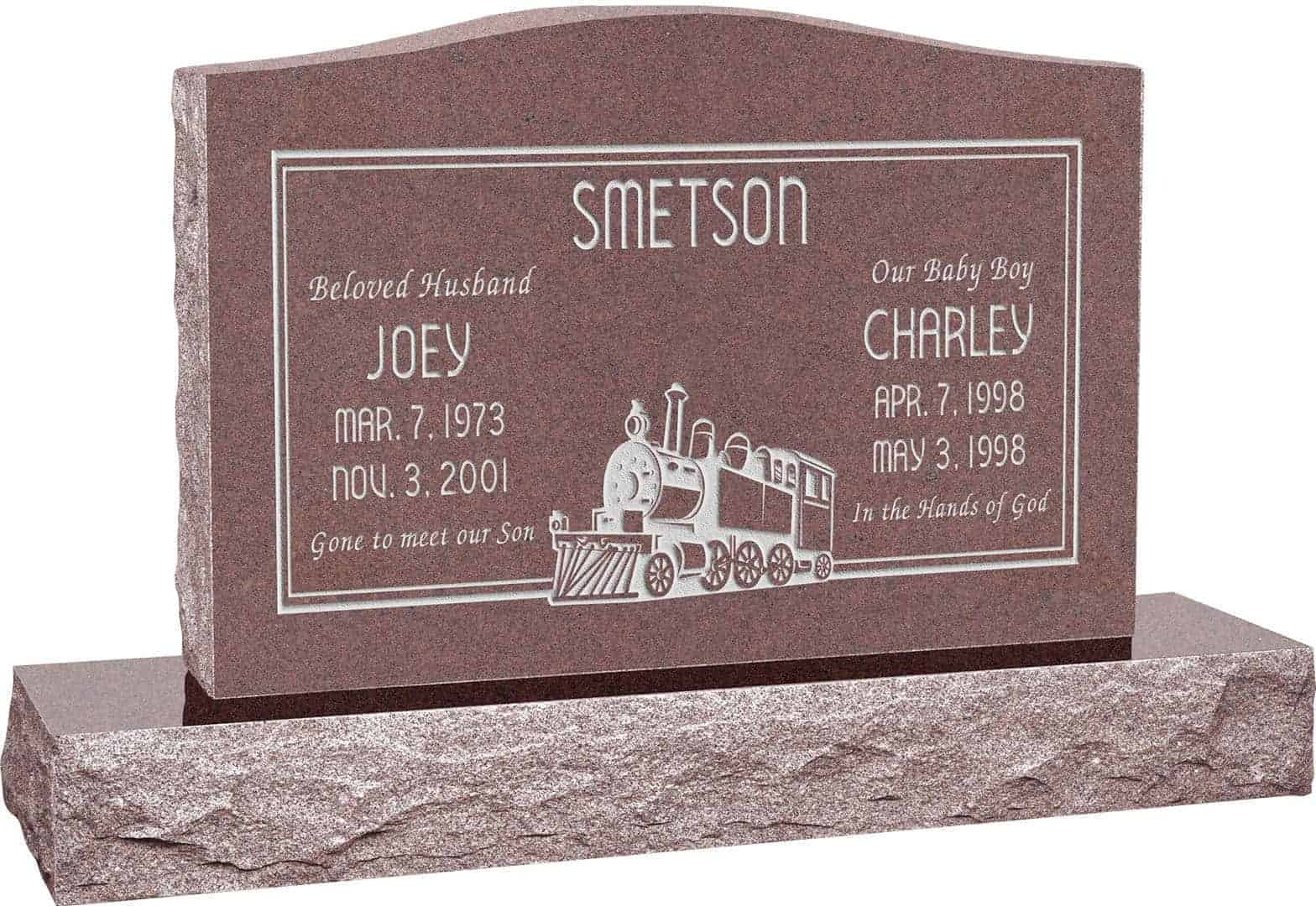 36inch_x_6inch_x_24inch_Serp_Top_Upright_Headstone_polished_top_front_and_back_with_48inch_Base_in_Desert_Pink_with_design_SD-612 36 inch x 6 inch x 24 inch Serp Top Upright Headstone polished top front and back with 48 inch Base in Desert Pink with design SD-612