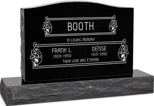 36 inch x 6 inch x 24 inch Serp Top Upright Headstone polished top front and back with 48 inch Base in Imperial Black with design V-252