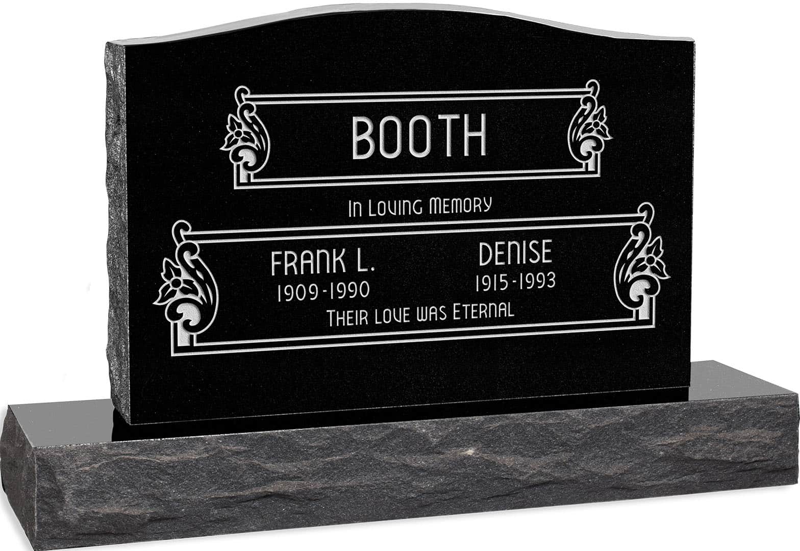 36inch_x_6inch_x_24inch_Serp_Top_Upright_Headstone_polished_top_front_and_back_with_48inch_Base_in_Imperial_Black_with_design_V-252 36 inch x 6 inch x 24 inch Serp Top Upright Headstone polished top front and back with 48 inch Base in Imperial Black with design V-252