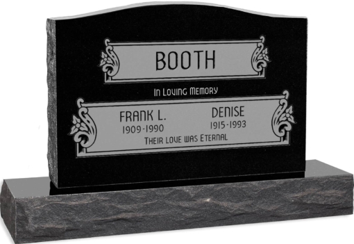 36 inch x 6 inch x 24 inch Serp Top Upright Headstone polished top front and back with 48 inch Base in Imperial Black with design V-252 Sanded Panel