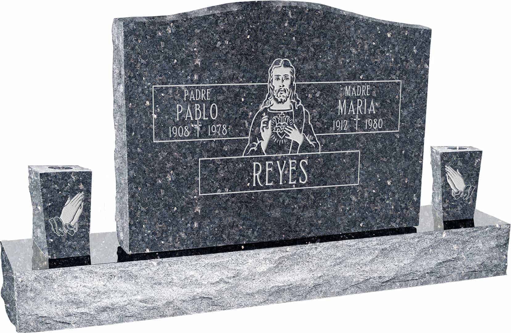 36inch_x_6inch_x_24inch_Serp_Top_Upright_Headstone_polished_top,_front_and_back_with_60inch_Base_and_two_square_tapered_Vases_in_Blue_Pearl_with_design_F-118 36inch x 6inch x 24inch Serp Top Upright Headstone polished top, front and back with 60inch Base and two square tapered Vases in Blue Pearl with design F-118