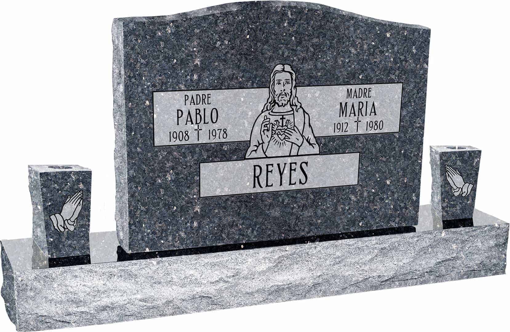 36inch_x_6inch_x_24inch_Serp_Top_Upright_Headstone_polished_top,_front_and_back_with_60inch_Base_and_two_square_tapered_Vases_in_Blue_Pearl_with_design_F-118_Sanded 36inch x 6inch x 24inch Serp Top Upright Headstone polished top, front and back with 60inch Base and two square tapered Vases in Blue Pearl with design F-118 Sanded Panel