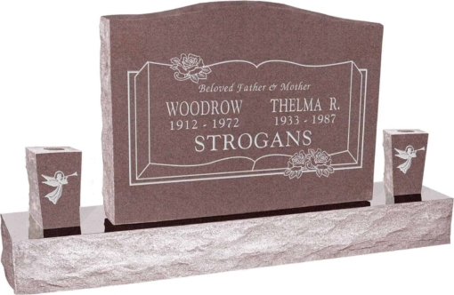 36inch x 6inch x 24inch Serp Top Upright Headstone polished top, front and back with 60inch Base and two square tapered Vases in Desert Pink with design B-13