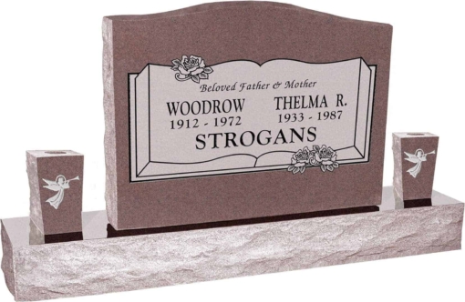 36inch x 6inch x 24inch Serp Top Upright Headstone polished top, front and back with 60inch Base and two square tapered Vases in Desert Pink with design B-13, Sanded Panel