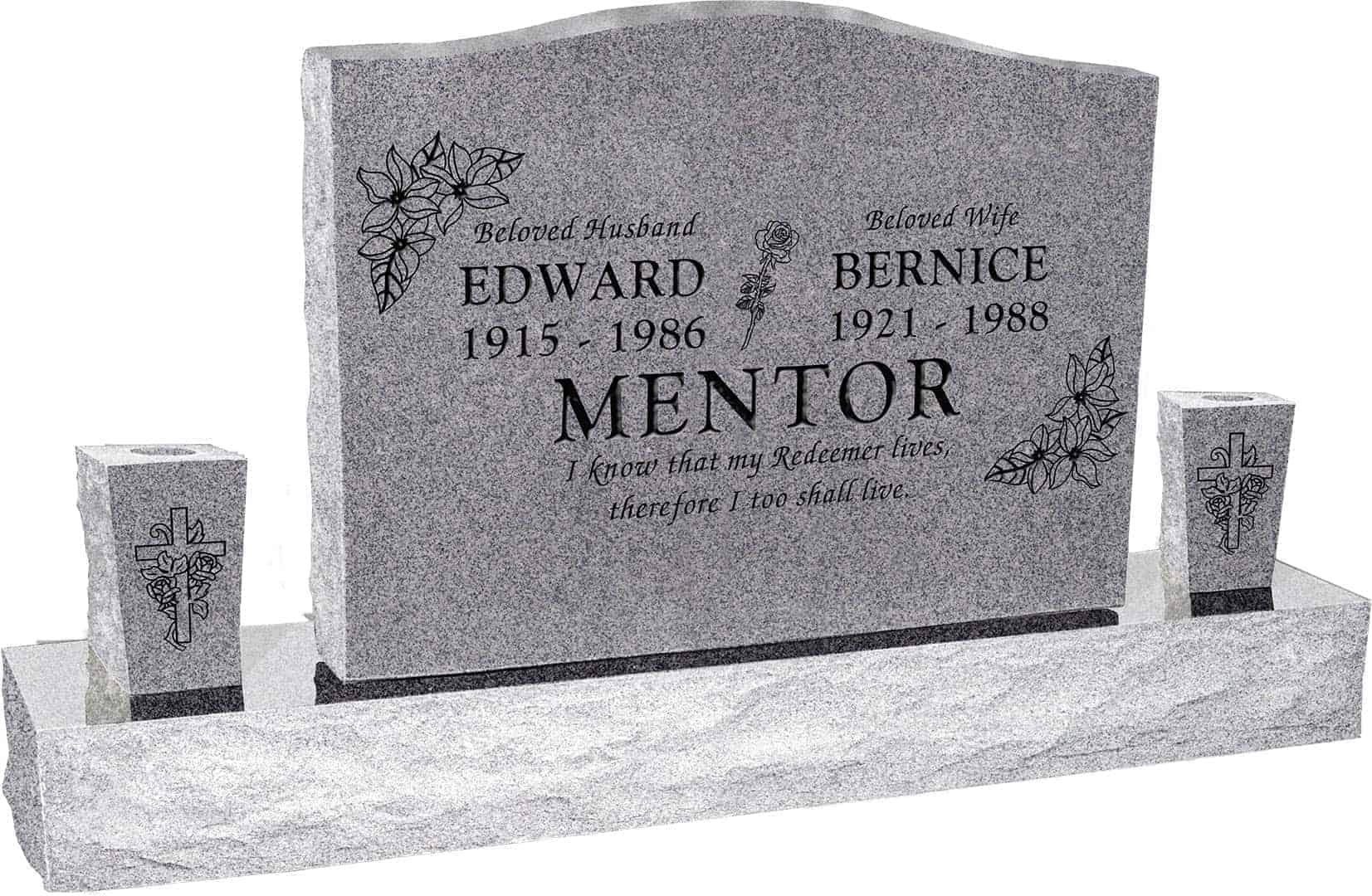 36inch_x_6inch_x_24inch_Serp_Top_Upright_Headstone_polished_top_front_and_back_with_60inch_Base_and_two_square_tapered_Vases_in_Grey_with_design_R-14 copy 36inch x 6inch x 24inch Serp Top Upright Headstone polished top, front and back with 60inch Base and two square tapered Vases in Grey with design R-14