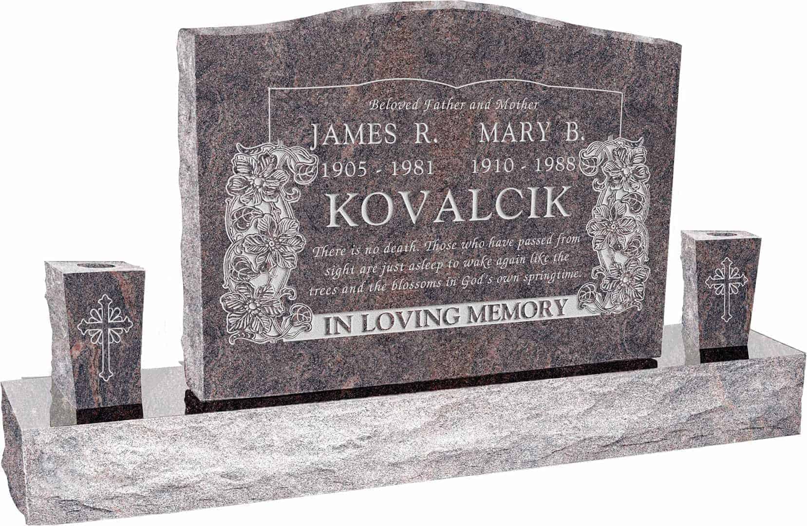 36inch_x_6inch_x_24inch_Serp_Top_Upright_Headstone_polished_top,_front_and_back_with_60inch_Base_and_two_square_tapered_Vases_in_Himalayan_with_design_B-08 36inch x 6inch x 24inch Serp Top Upright Headstone polished top, front and back with 60inch Base and two square tapered Vases in Himalayan with design B-08