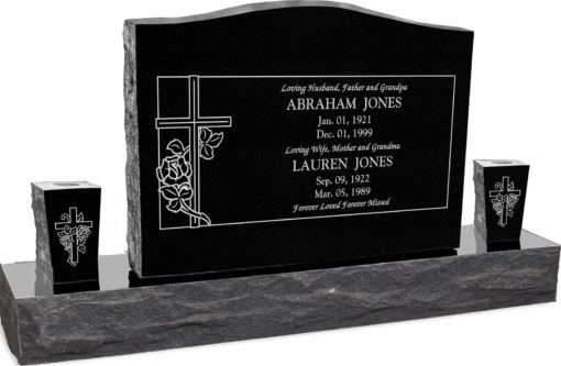 36inch x 6inch x 24inch Serp Top Upright Headstone polished top, front and back with 60inch Base and two square tapered Vases in Imperial Black with design R-14