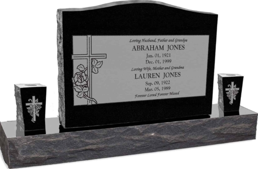 36inch x 6inch x 24inch Serp Top Upright Headstone polished top, front and back with 60inch Base and two square tapered Vases in Imperial Black with design R-14 Sanded Panel