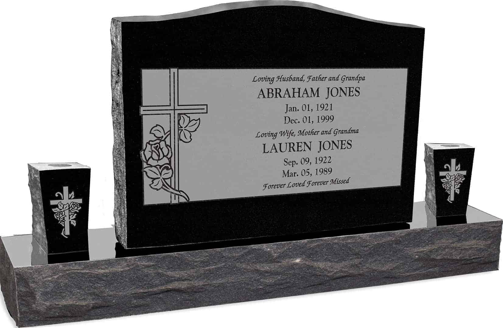 36inch_x_6inch_x_24inch_Serp_Top_Upright_Headstone_polished_top_front_and_back_with_60inch_Base_and_two_square_tapered_Vases_in_Imperial_Black_with_design_R-14_Sanded 36inch x 6inch x 24inch Serp Top Upright Headstone polished top, front and back with 60inch Base and two square tapered Vases in Imperial Black with design R-14 Sanded Panel