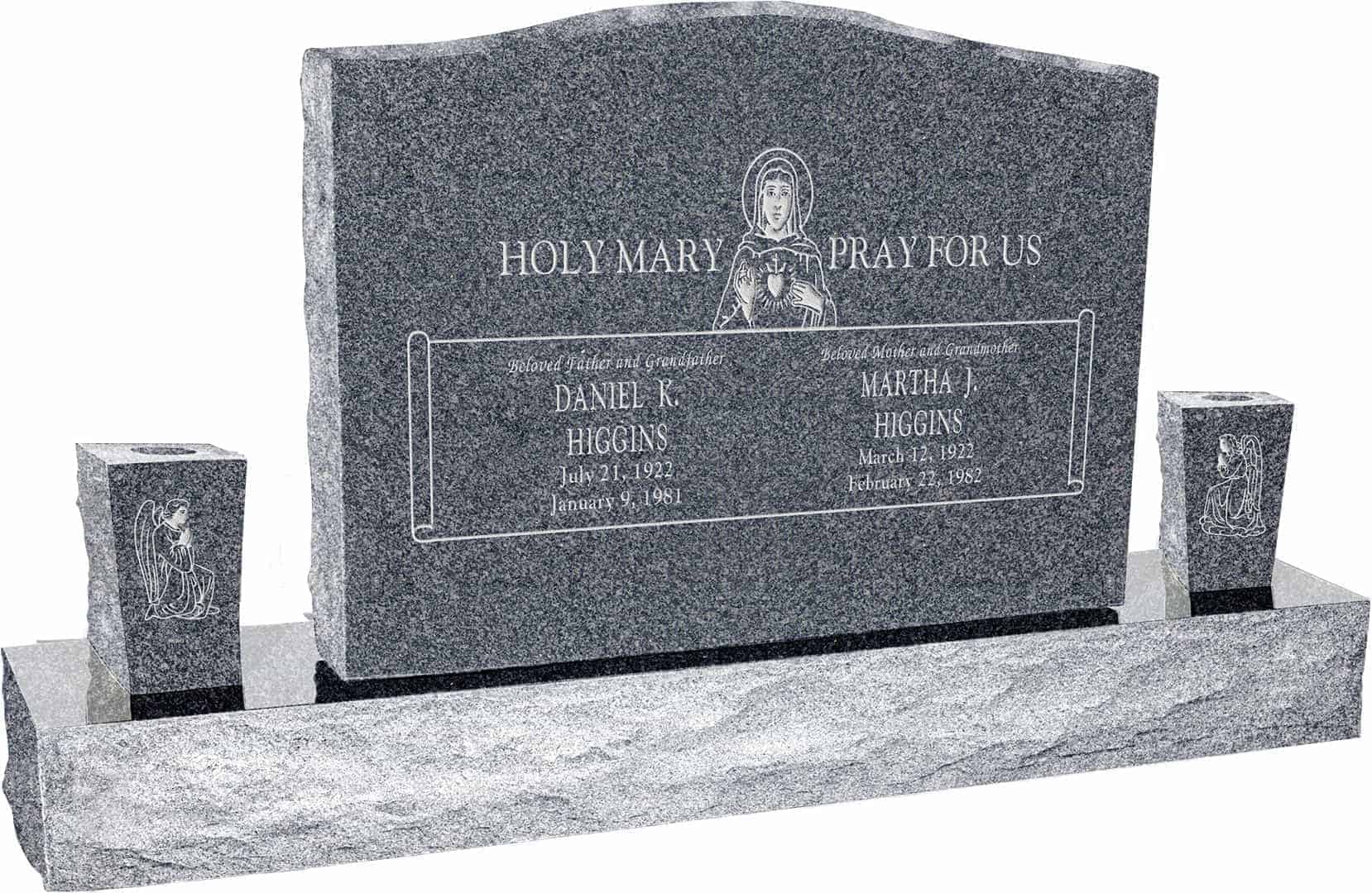 36inch_x_6inch_x_24inch_Serp_Top_Upright_Headstone_polished_top,_front_and_back_with_60inch_Base_and_two_square_tapered_Vases_in_Imperial_Grey_with_design_R-51