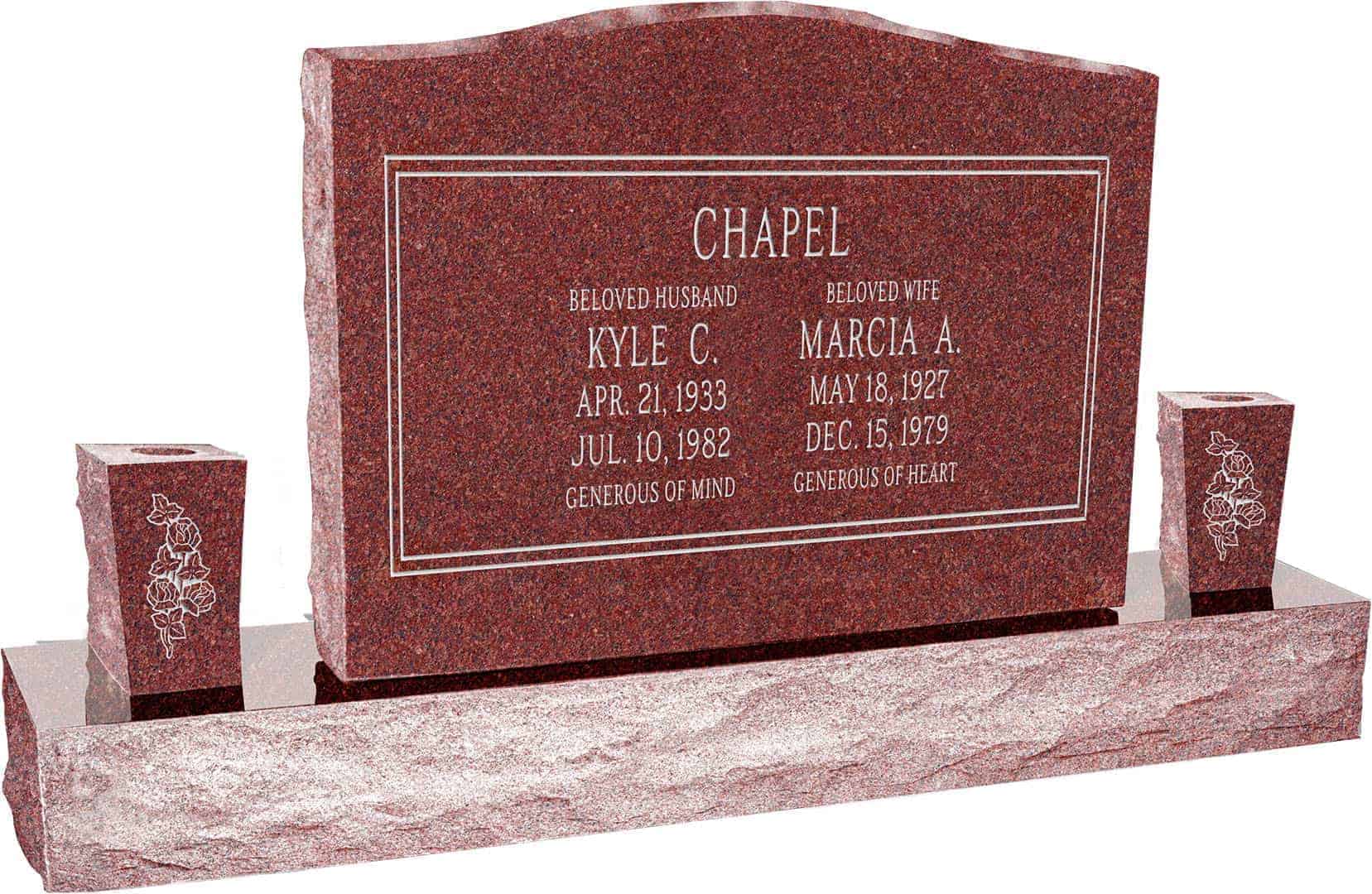 36inch_x_6inch_x_24inch_Serp_Top_Upright_Headstone_polished_top,_front_and_back_with_60inch_Base_and_two_square_tapered_Vases_in_Imperial_Red_with_design_F-117