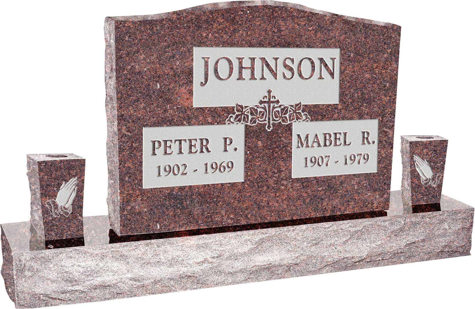 36inch_x_6inch_x_24inch_Serp_Top_Upright_Headstone_polished_top,_front_and_back_with_60inch_Base_and_two_square_tapered_Vases_in_Mahogany_with_design_F-112