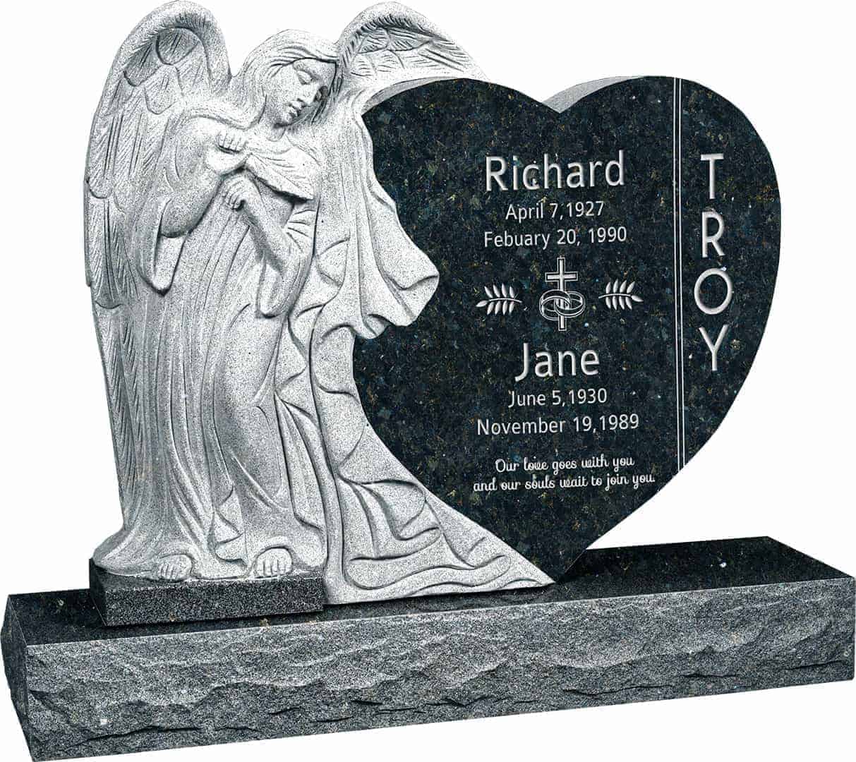 40inch_x_8inch_x_33inch_Leaning_Angel_Heart_Upright_Headstone_polished_all_sides_with_48inch_Base_in_Emerald_Pearl_with_design_1
