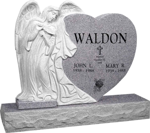 40 inch x 8 inch x 33 inch Leaning Angel Heart Upright Headstone polished all sides with 48 inch Base in Grey