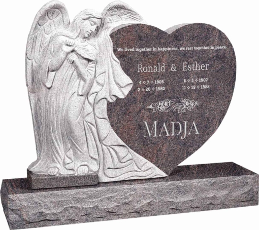 40 inch x 8 inch x 33 inch Leaning Angel Heart Upright Headstone polished all sides with 48 inch Base in Himalayan