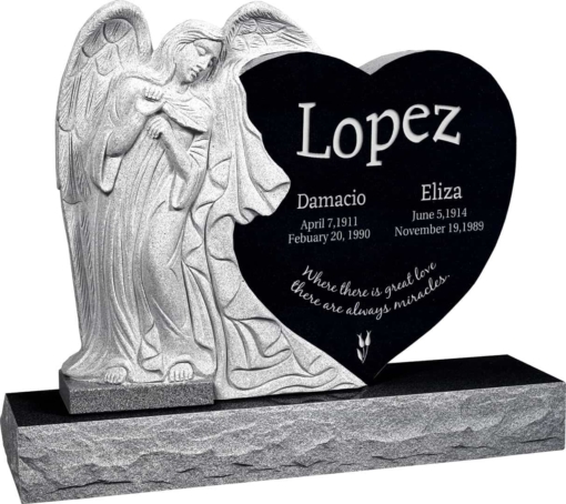 40 inch x 8 inch x 33 inch Leaning Angel Heart Upright Headstone polished all sides with 48 inch Base in Imperial Black