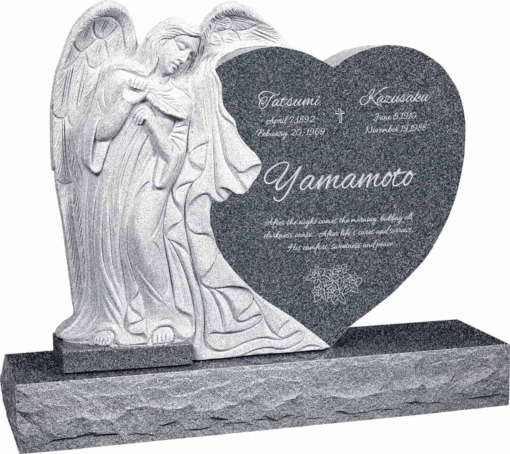 40 inch x 8 inch x 33 inch Leaning Angel Heart Upright Headstone polished all sides with 48 inch Base in Imperial Grey
