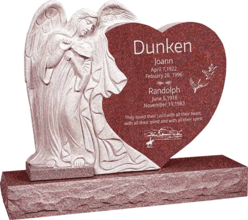 40 inch x 8 inch x 33 inch Leaning Angel Heart Upright Headstone polished all sides with 48 inch Base in Imperial Red