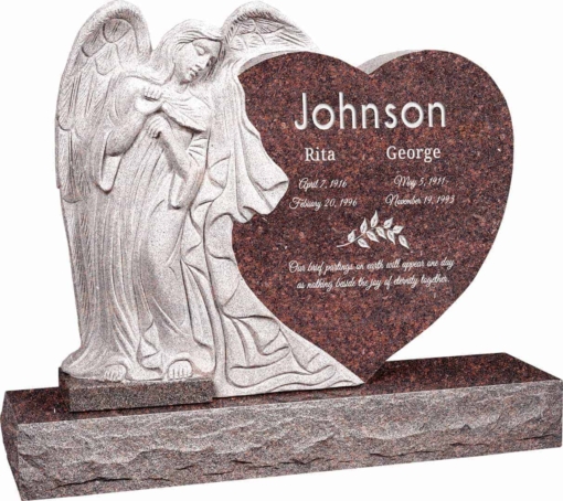 40 inch x 8 inch x 33 inch Leaning Angel Heart Upright Headstone polished all sides with 48 inch Base in Mahogany