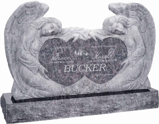 50 inch x 8 inch x 30 inch Double Angels and Hearts Upright Headstone polished all sides with 60 inch Base in Bahama Blue