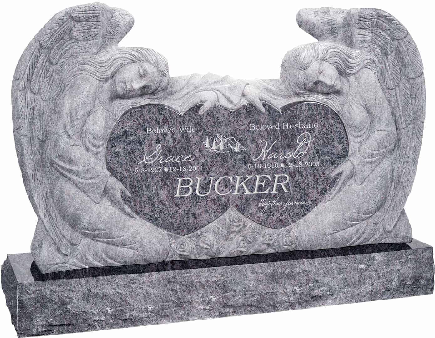 50inch_x_8inch_x_30inch_Double_Angels_and_Hearts_Upright_Headstone_polished_all_sides_with_60inch_Base_in_Bahama_Blue_with_design_1 50 inch x 8 inch x 30 inch Double Angels and Hearts Upright Headstone polished all sides with 60 inch Base in Bahama Blue