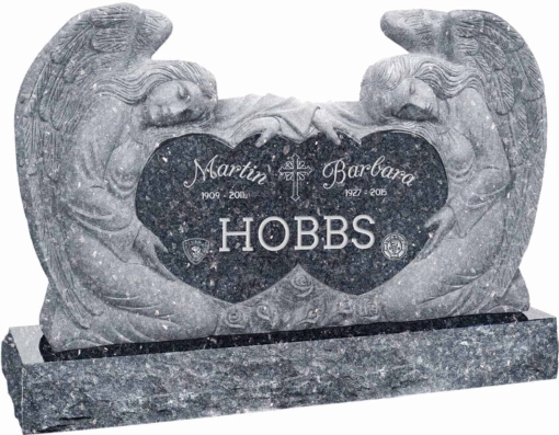 50 inch x 8 inch x 30 inch Double Angels and Hearts Upright Headstone polished all sides with 60 inch Base in Blue Pearl
