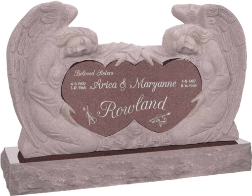 50 inch x 8 inch x 30 inch Double Angels and Hearts Upright Headstone polished all sides with 60 inch Base in Desert Pink
