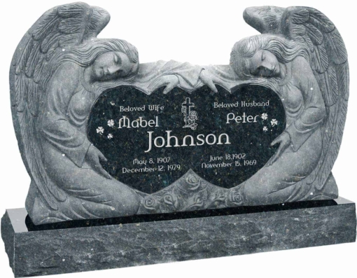 50 inch x 8 inch x 30 inch Double Angels and Hearts Upright Headstone polished all sides with 60 inch Base in Emerald Pearl
