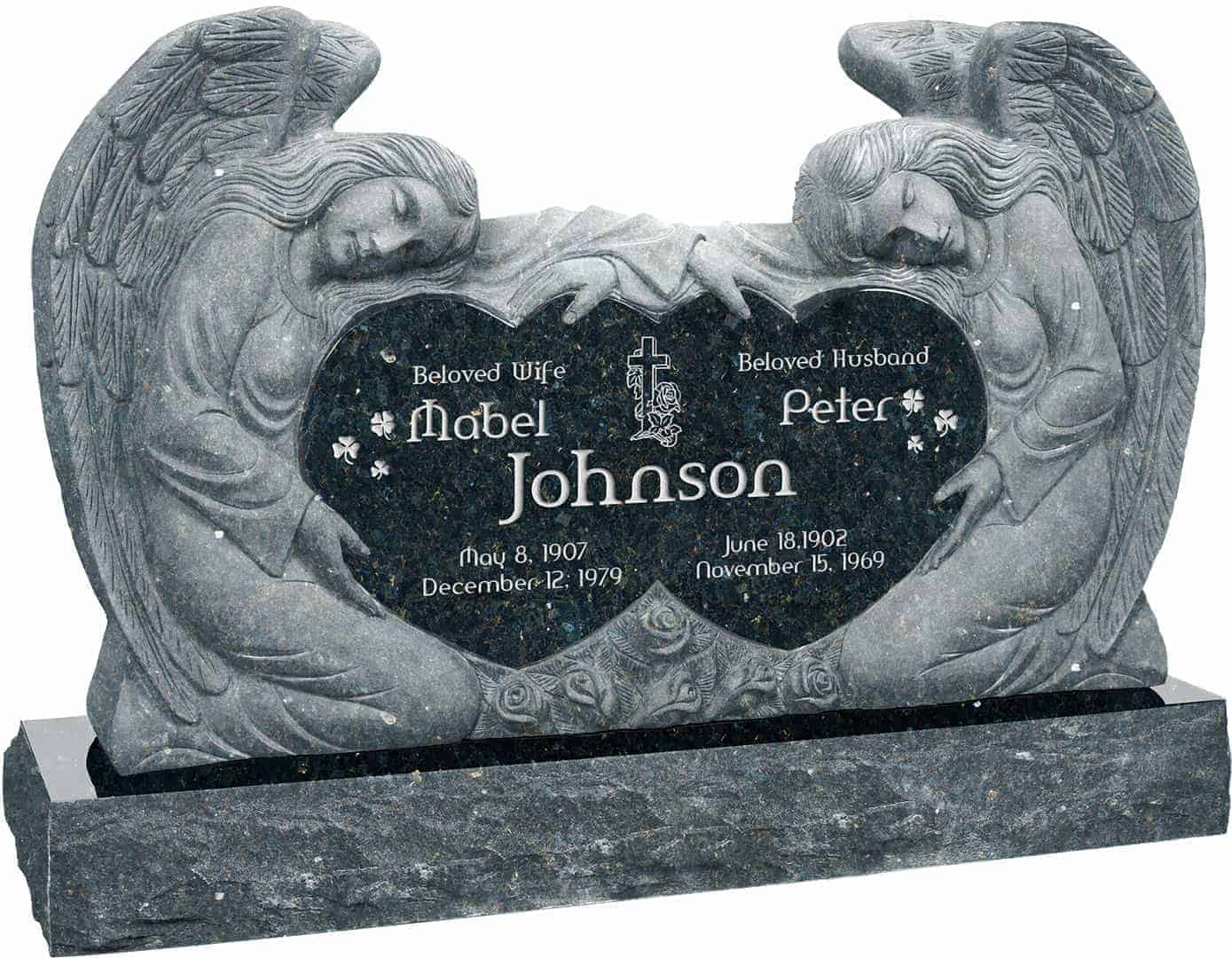 50inch_x_8inch_x_30inch_Double_Angels_and_Hearts_Upright_Headstone_polished_all_sides_with_60inch_Base_in_Emerald_Pearl_with_design_1 50 inch x 8 inch x 30 inch Double Angels and Hearts Upright Headstone polished all sides with 60 inch Base in Emerald Pearl