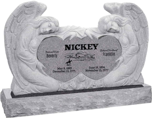 50 inch x 8 inch x 30 inch Double Angels and Hearts Upright Headstone polished all sides with 60 inch Base in Grey