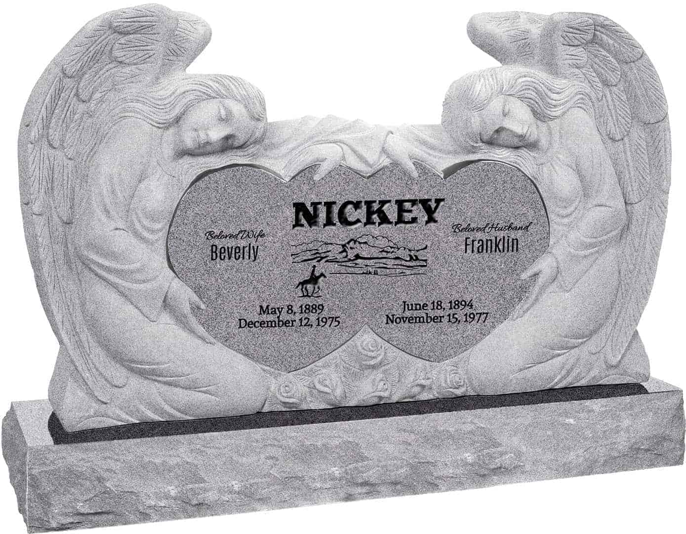 50inch_x_8inch_x_30inch_Double_Angels_and_Hearts_Upright_Headstone_polished_all_sides_with_60inch_Base_in_Grey_with_design_1 50 inch x 8 inch x 30 inch Double Angels and Hearts Upright Headstone polished all sides with 60 inch Base in Grey