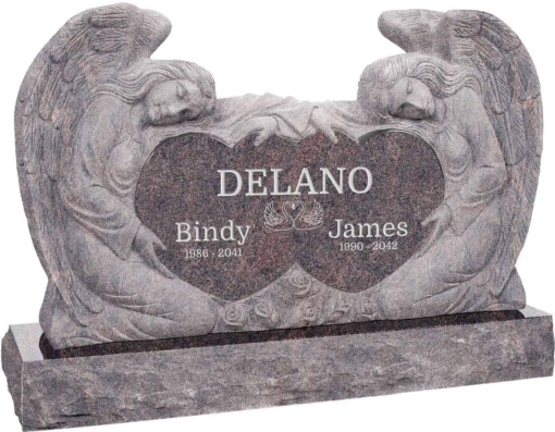 50 inch x 8 inch x 30 inch Double Angels and Hearts Upright Headstone polished all sides with 60 inch Base in Himalayan