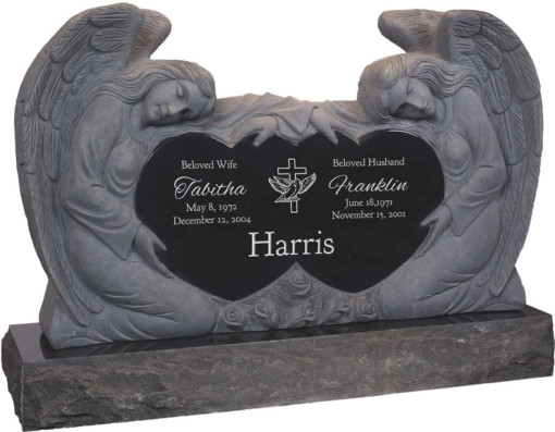 50 inch x 8 inch x 30 inch Double Angels and Hearts Upright Headstone polished all sides with 60 inch Base in Imperial Black