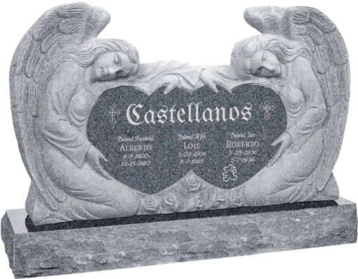 50 inch x 8 inch x 30 inch Double Angels and Hearts Upright Headstone polished all sides with 60 inch Base in Imperial Grey