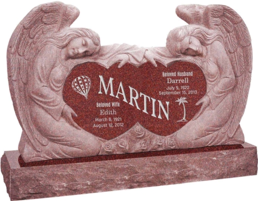 50 inch x 8 inch x 30 inch Double Angels and Hearts Upright Headstone polished all sides with 60 inch Base in Imperial Red