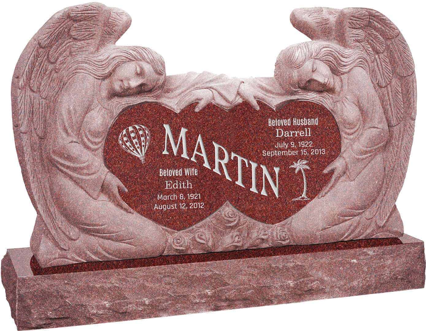 50inch_x_8inch_x_30inch_Double_Angels_and_Hearts_Upright_Headstone_polished_all_sides_with_60inch_Base_in_Imperial_Red_with_design_1 50 inch x 8 inch x 30 inch Double Angels and Hearts Upright Headstone polished all sides with 60 inch Base in Imperial Red
