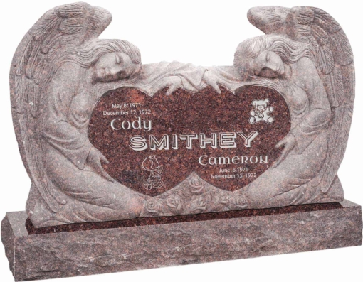 50 inch x 8 inch x 30 inch Double Angels and Hearts Upright Headstone polished all sides with 60 inch Base in Mahogany