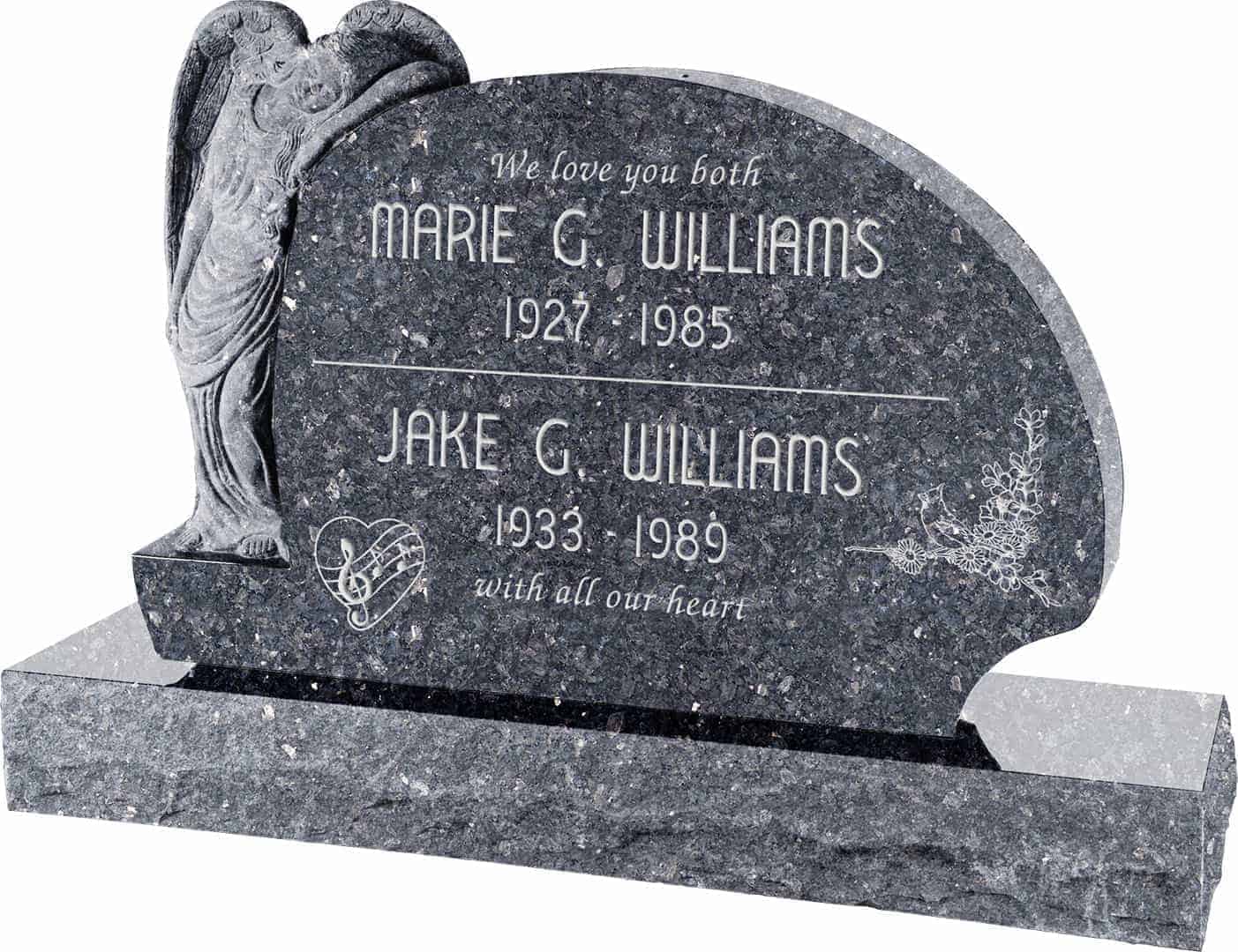 54inch_x_8inch_x_36inch_Resting_Angel_Upright_Headstone_polished_all_sides_with_66inch_Base_in_Blue_Pearl_with_design_1 54 inch x 8 inch x 36 inch Resting Angel Upright Headstone polished all sides with 66 inch Base in Blue Pearl