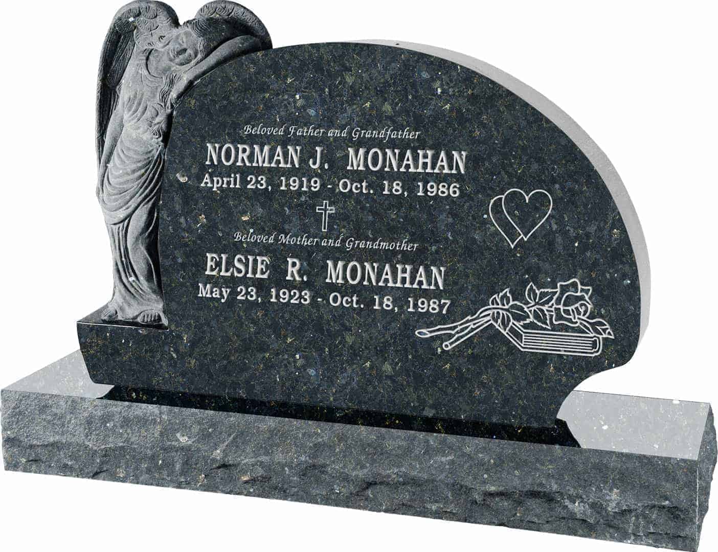 54inch_x_8inch_x_36inch_Resting_Angel_Upright_Headstone_polished_all_sides_with_66inch_Base_in_Emerald_Pearl_with_design_1 54 inch x 8 inch x 36 inch Resting Angel Upright Headstone polished all sides with 66 inch Base in Emerald Pearl