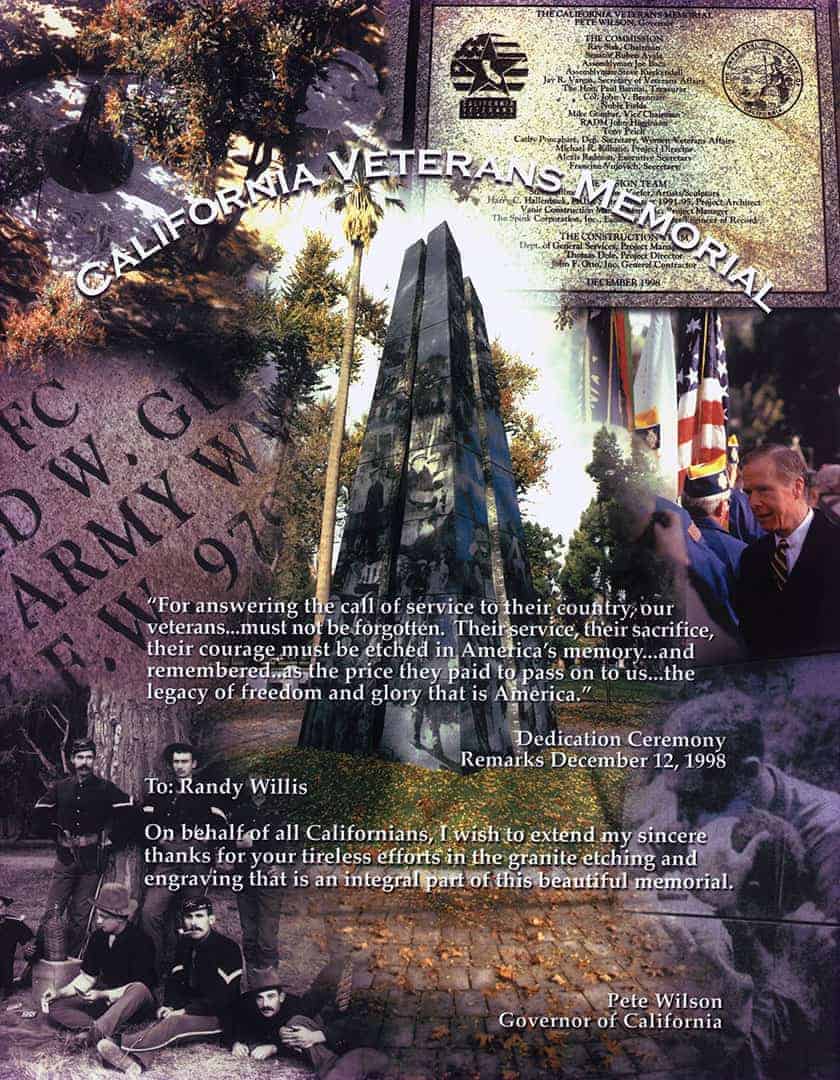 California Veterans Memorial Thank You from Governor Pete Wilson to Randy Willis of Honor Life