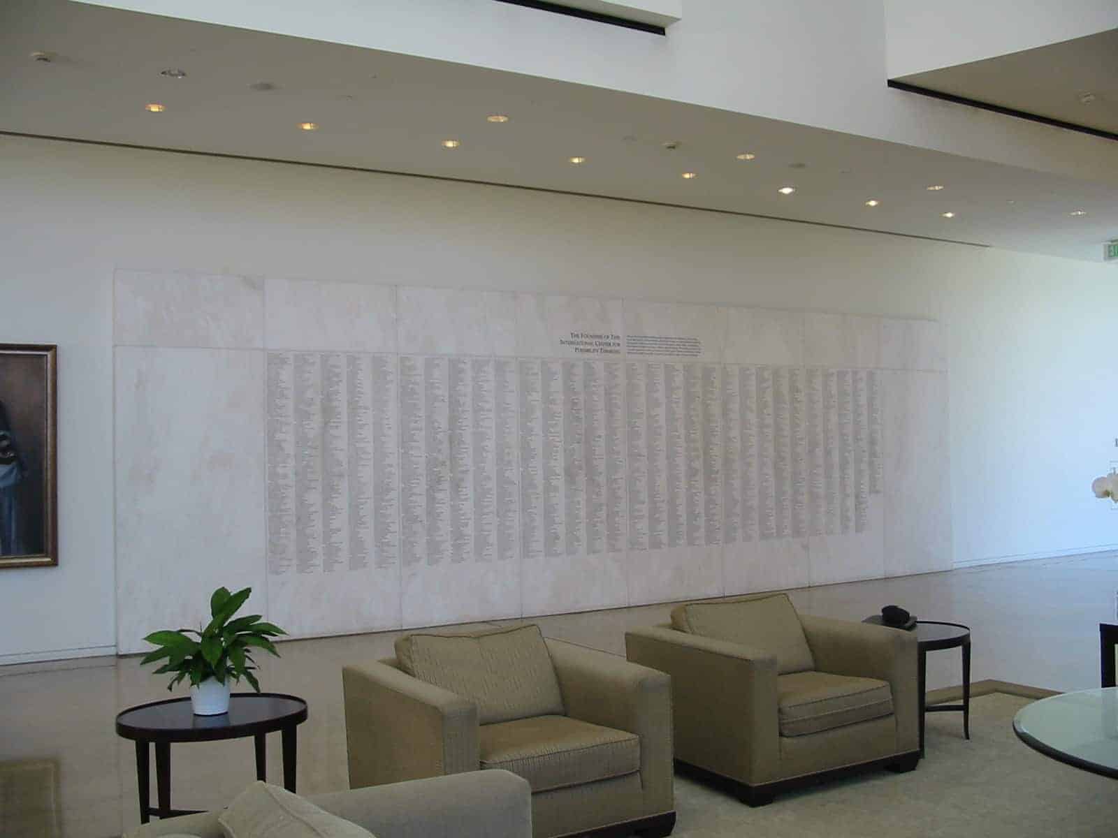 Crystal Cathedral white marble donor wall full view